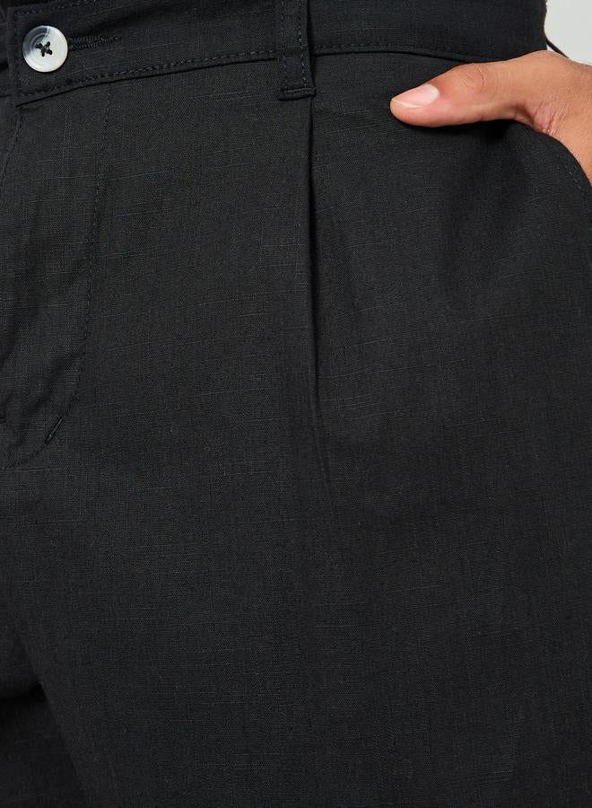Styli Men Black Pleated Tapered Linen Trousers - Image 2